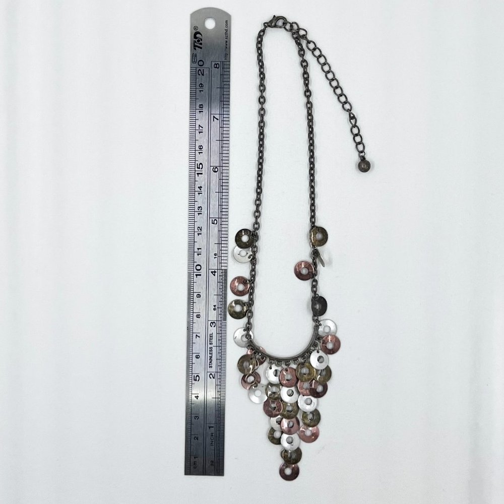 BOHO Vibes Tri-Colored Disk Dangle Brass Tone 14” Chain Choker Necklace - Picture 4 of 8